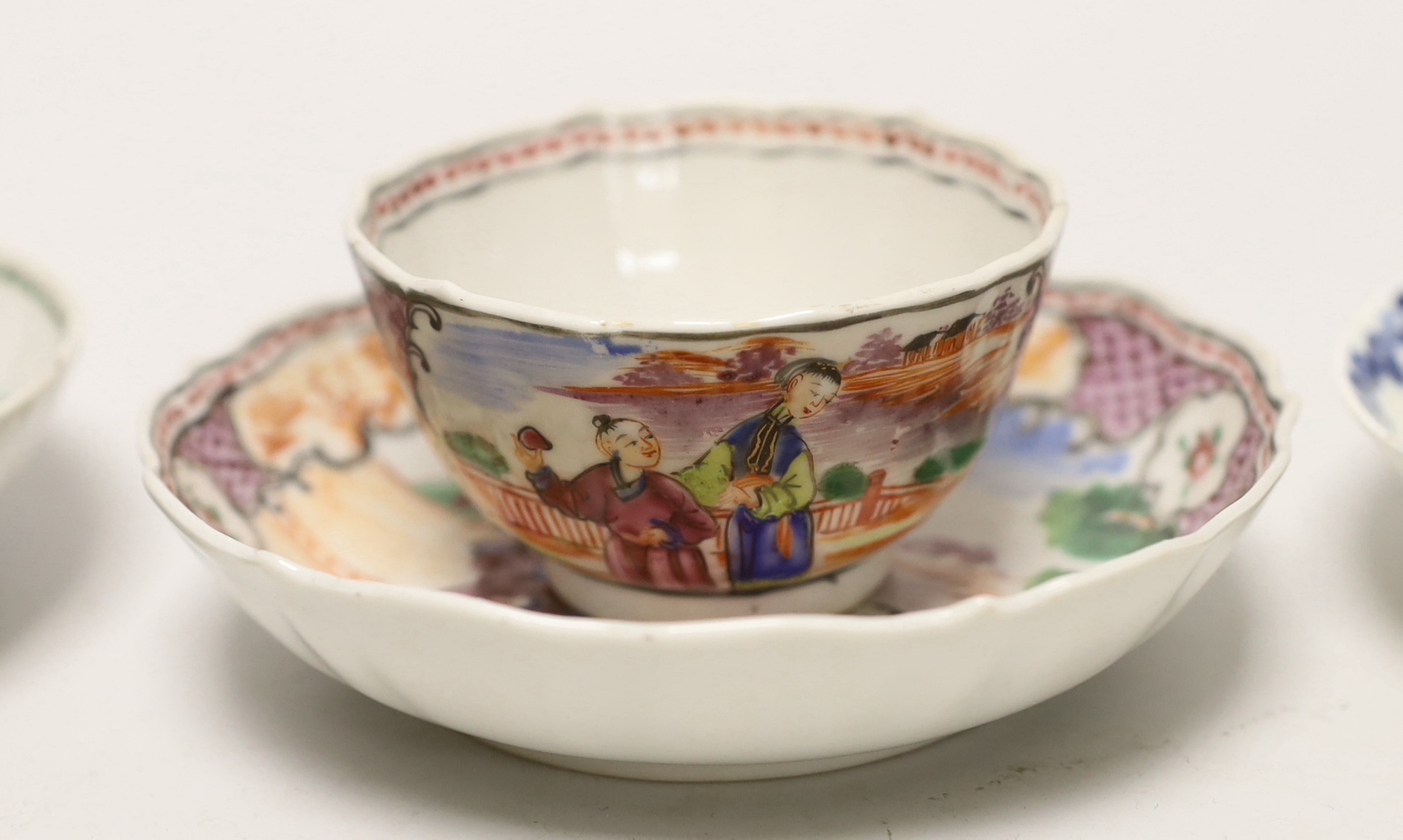 Three 18th century Chinese famille rose tea bowls and matching saucers, a Caughley teabowl and saucer and a single tea bowl and smaller tea bowl